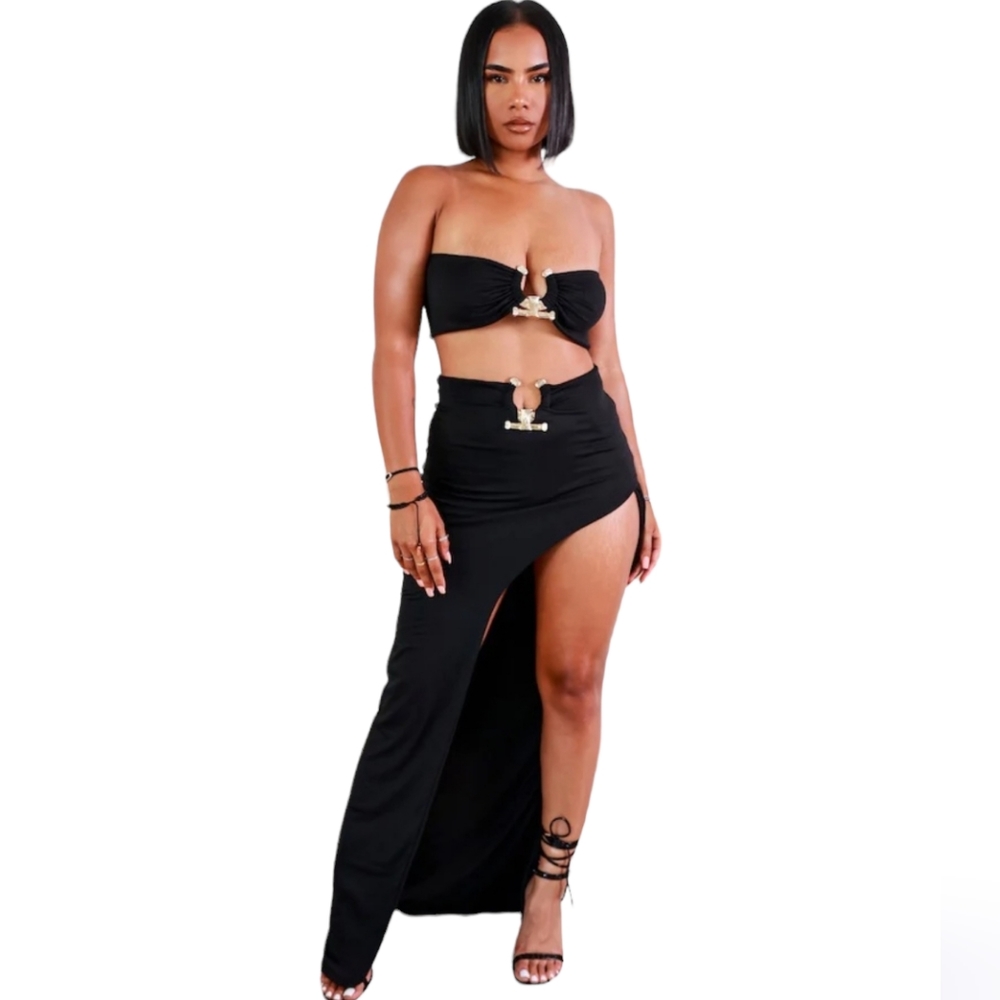 Sexy Black Two Piece Skirt Set Size L